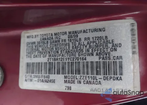 2000 Toyota Corolla Ce из США, поврежденный, VIN 2T1BR12E9YC270164